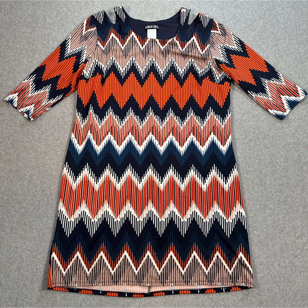 Paper Doll Cold Shoulder Dress Size 2X Orange Blue Chevron Stripe 3/4 Sleeve